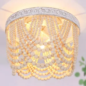 Capslpad Bohemia Wood Beaded Flush Mount Ceiling Light Antique Boho Mini Chandelier Farmhouse Light Fixture for Bedroom Nursery Room Hallway Entryway Foyer,3-Light