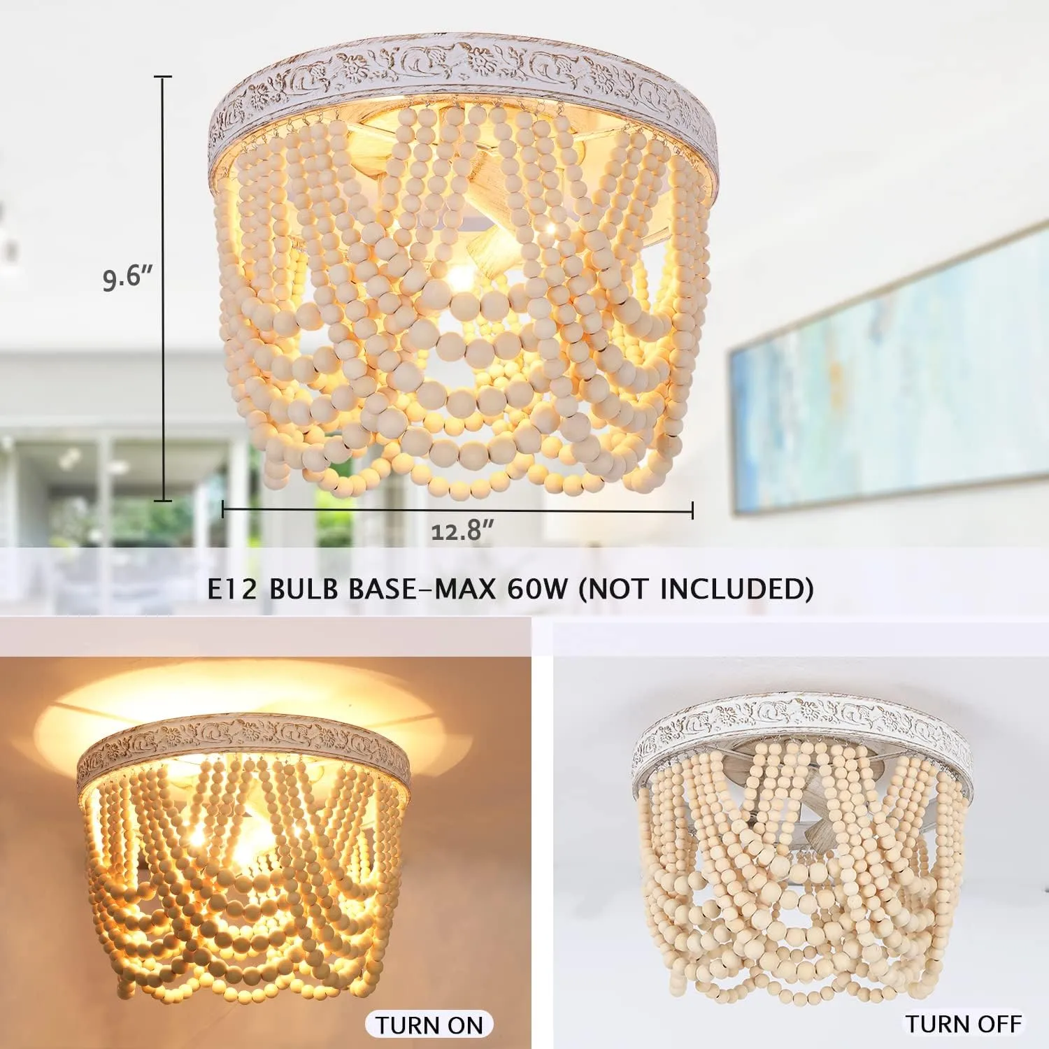 Capslpad Bohemia Wood Beaded Flush Mount Ceiling Light Antique Boho Mini Chandelier Farmhouse Light Fixture for Bedroom Nursery Room Hallway Entryway Foyer,3-Light