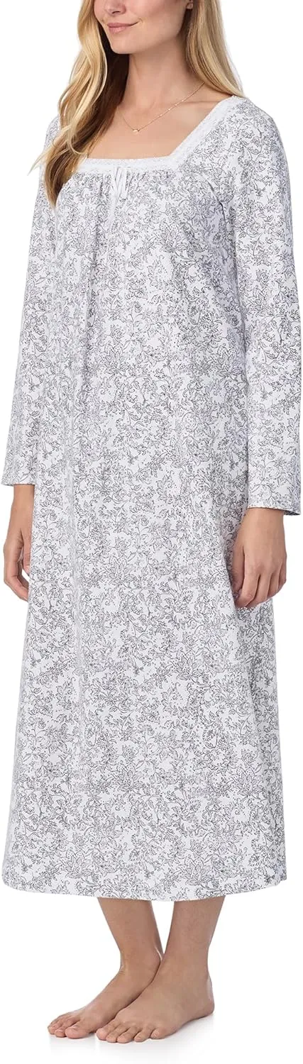 Carole Hochman Women's 50'' Cotton Jersey Knit Nightgown, Soft Long Sleeve Relaxed Fit Sleepwear with Elegant Lace Trim