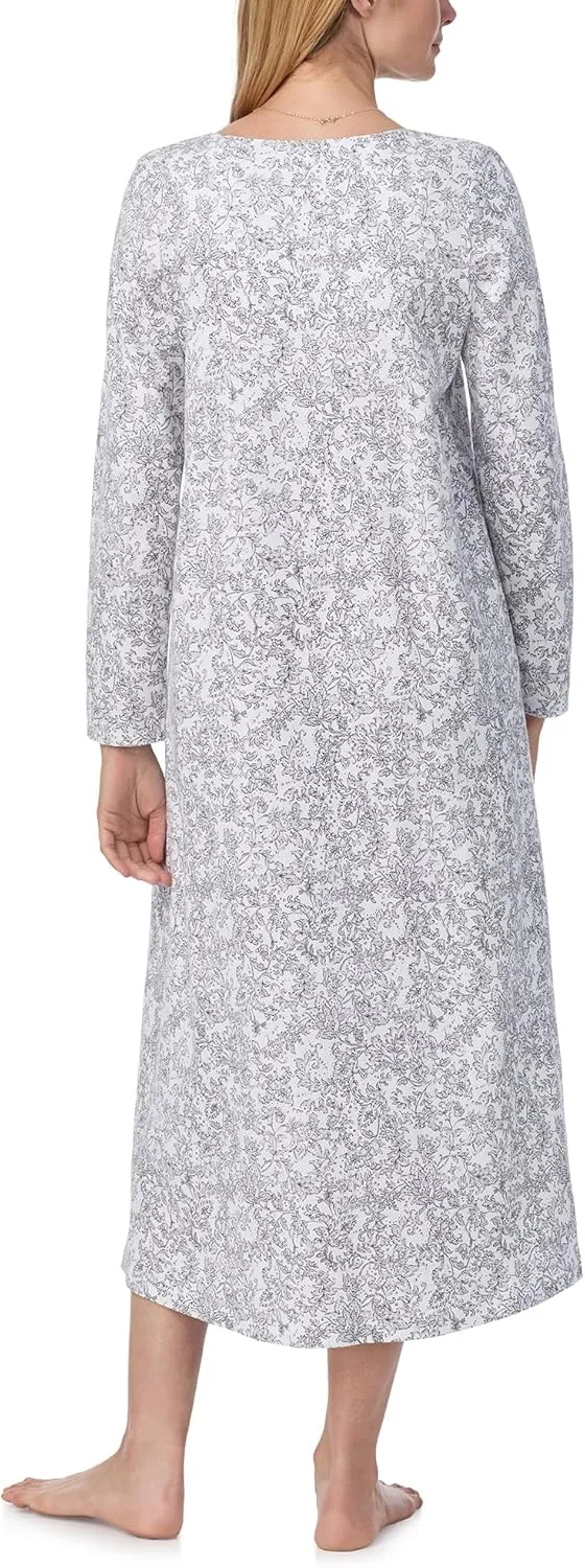 Carole Hochman Women's 50'' Cotton Jersey Knit Nightgown, Soft Long Sleeve Relaxed Fit Sleepwear with Elegant Lace Trim