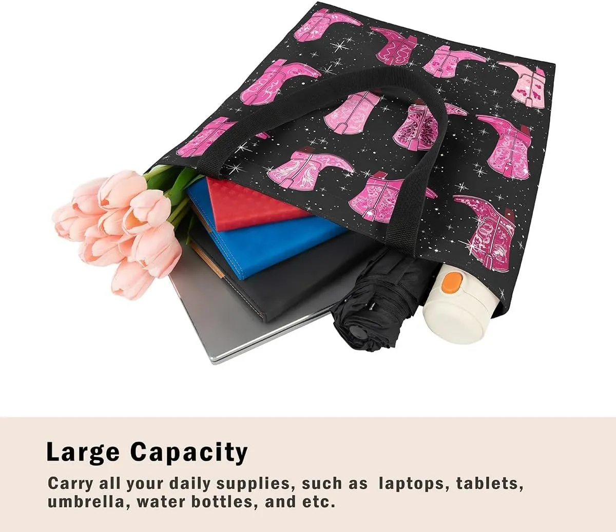 Castle Fairy Ballet Bowknot Canvas Tote Bag Aesthetic for Women,Cowboy Reusable Grocery Handbag