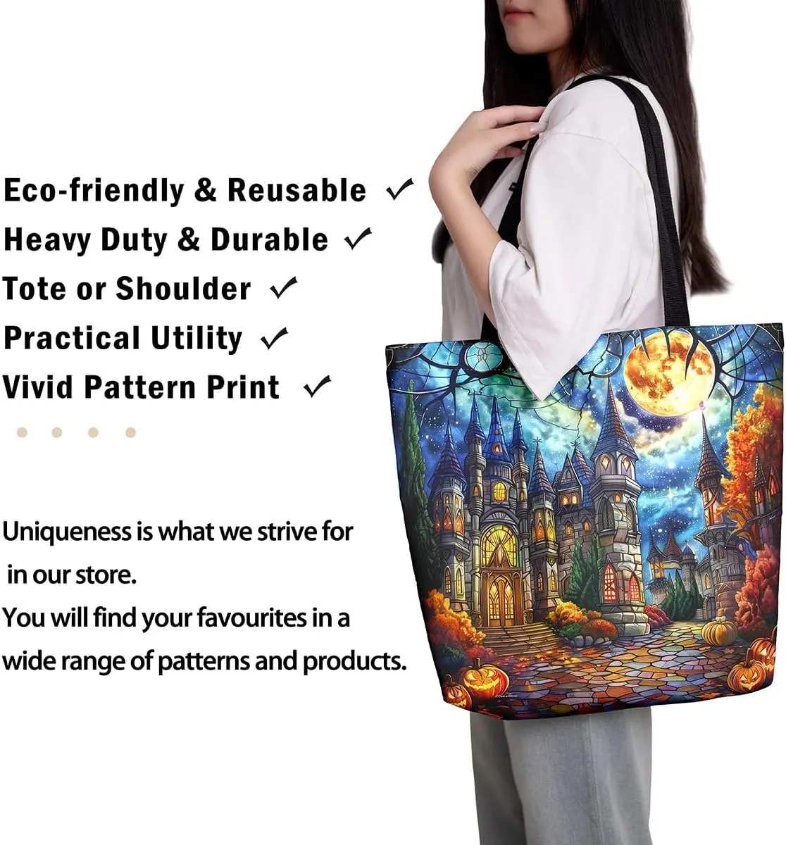 Castle Fairy Gothic Canvas Tote Bag Aesthetic for Women Girls,Sun Moon Halloween Reusable Grocery Handbag