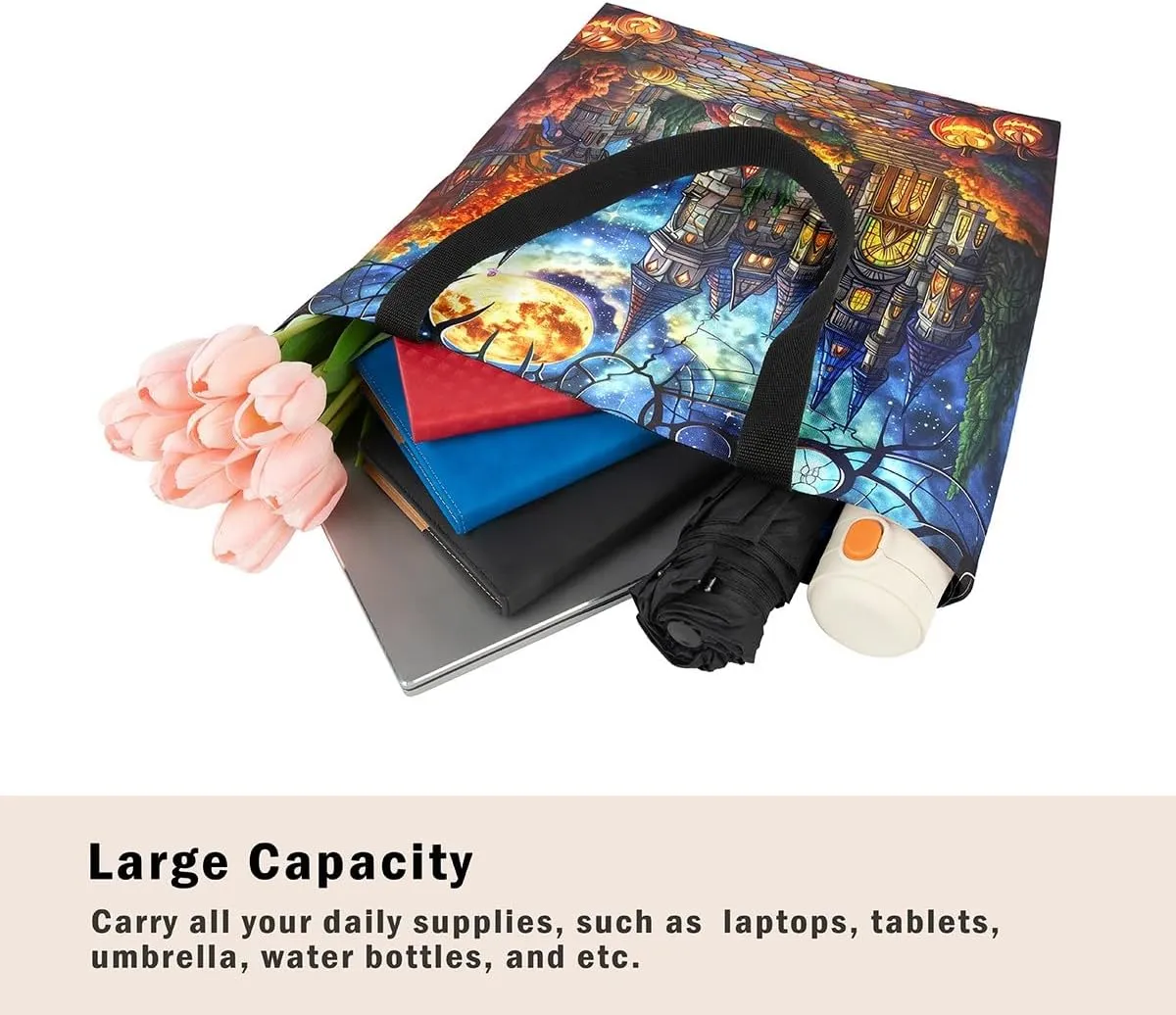 Castle Fairy Gothic Canvas Tote Bag Aesthetic for Women Girls,Sun Moon Halloween Reusable Grocery Handbag