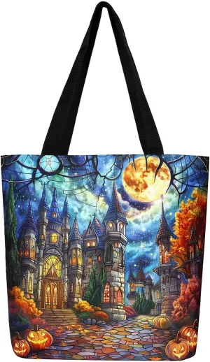 Castle Fairy Gothic Canvas Tote Bag Aesthetic for Women Girls,Sun Moon Halloween Reusable Grocery Handbag