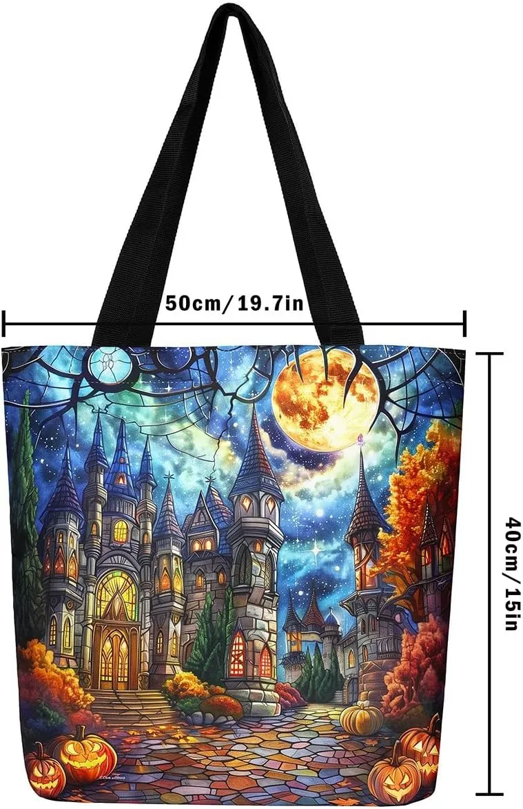 Castle Fairy Gothic Canvas Tote Bag Aesthetic for Women Girls,Sun Moon Halloween Reusable Grocery Handbag