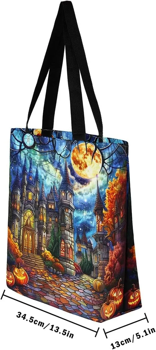 Castle Fairy Gothic Canvas Tote Bag Aesthetic for Women Girls,Sun Moon Halloween Reusable Grocery Handbag