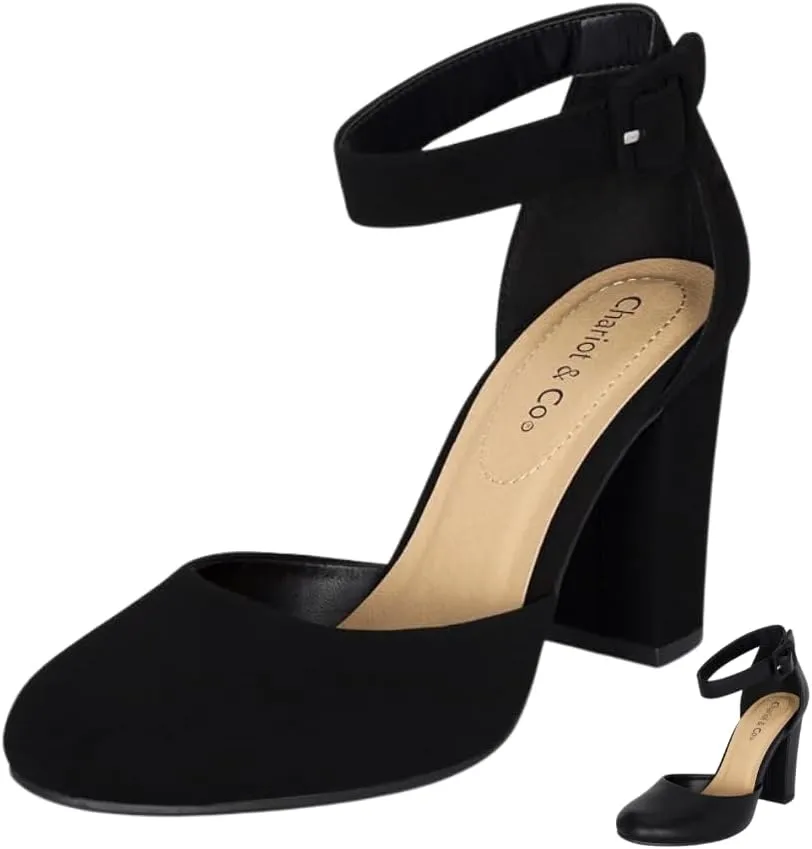 Chariot & Co Posh Women's Ankle Strap Block Heel Dress Shoes – Closed Toe Vegan Leather in Black PU and NBPU