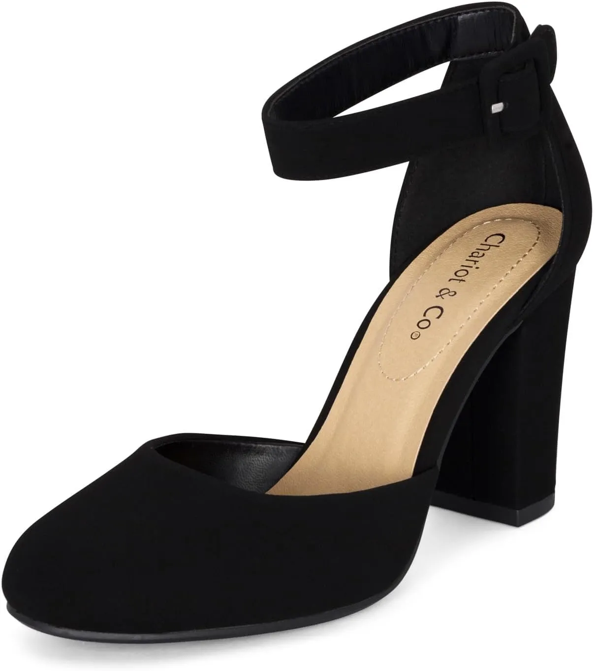 Chariot & Co Posh Women's Ankle Strap Block Heel Dress Shoes – Closed Toe Vegan Leather in Black PU and NBPU