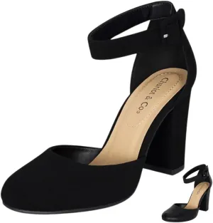 Chariot & Co Posh Women's Ankle Strap Block Heel Dress Shoes – Closed Toe Vegan Leather in Black PU and NBPU