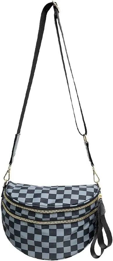 Checkered Nylon Crossbody Bags for Women Plaid Crescent Waist Bag Crescent Fanny Pack Shoulder Bag Handbags (Black-Gray)