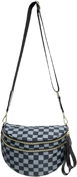 Checkered Nylon Crossbody Bags for Women Plaid Crescent Waist Bag Crescent Fanny Pack Shoulder Bag Handbags (Black-Gray)