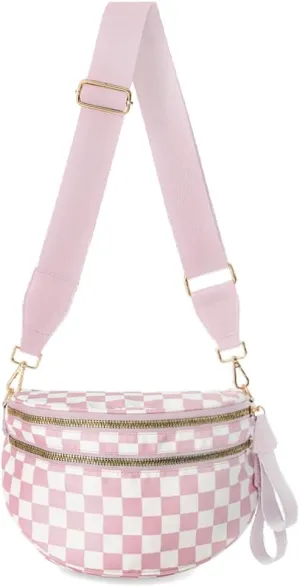 Checkered Nylon Crossbody Bags for Women Plaid Crescent Waist Bag Crescent Fanny Pack Shoulder Bag Handbags (White-Pink)