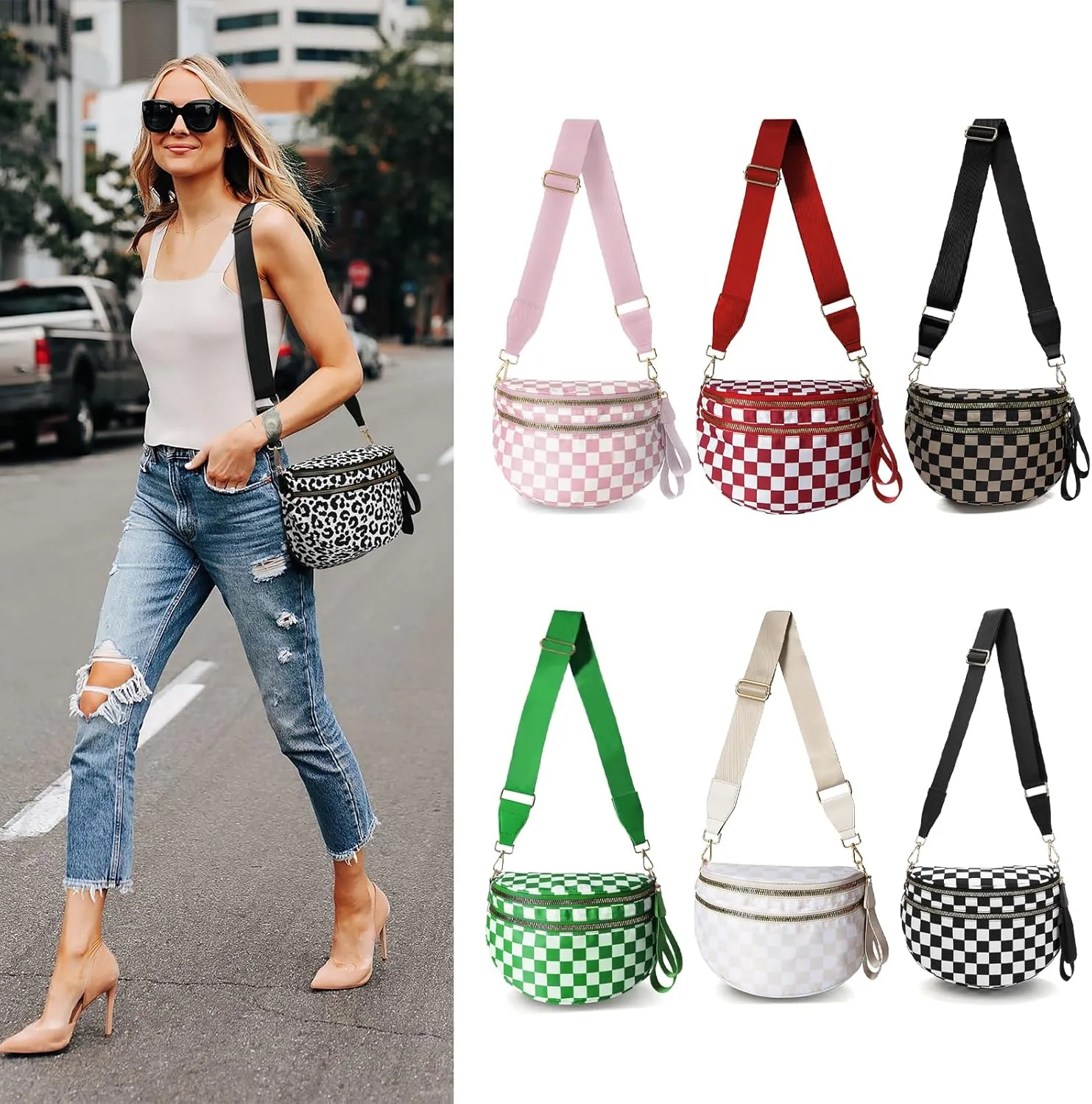 Checkered Nylon Crossbody Bags for Women Plaid Crescent Waist Bag Crescent Fanny Pack Shoulder Bag Handbags (White-Red)