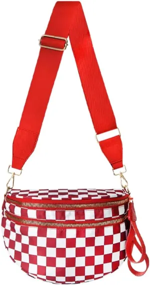 Checkered Nylon Crossbody Bags for Women Plaid Crescent Waist Bag Crescent Fanny Pack Shoulder Bag Handbags (White-Red)
