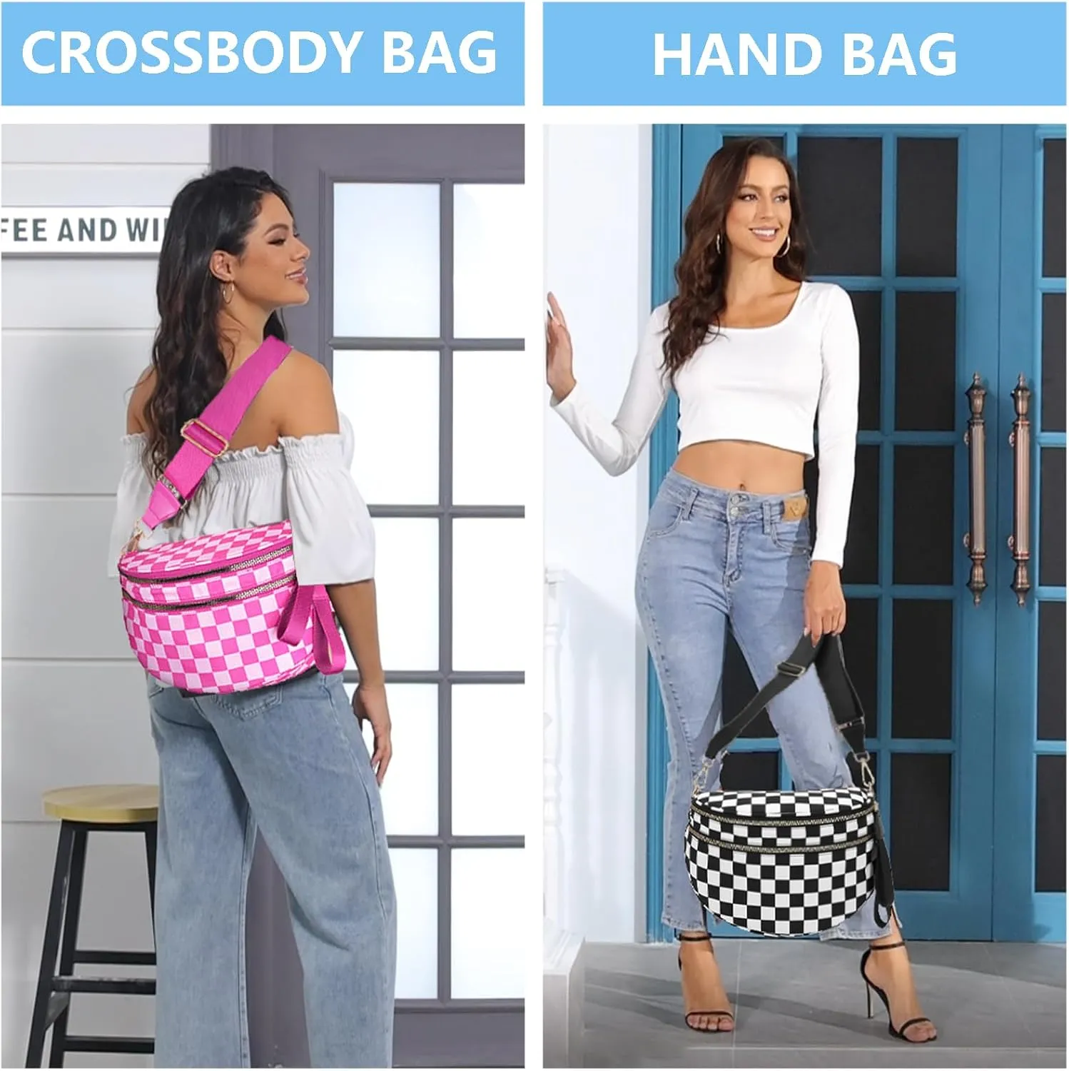Checkered Nylon Crossbody Bags for Women Plaid Crescent Waist Bag Crescent Fanny Pack Shoulder Bag Handbags (White-Red)
