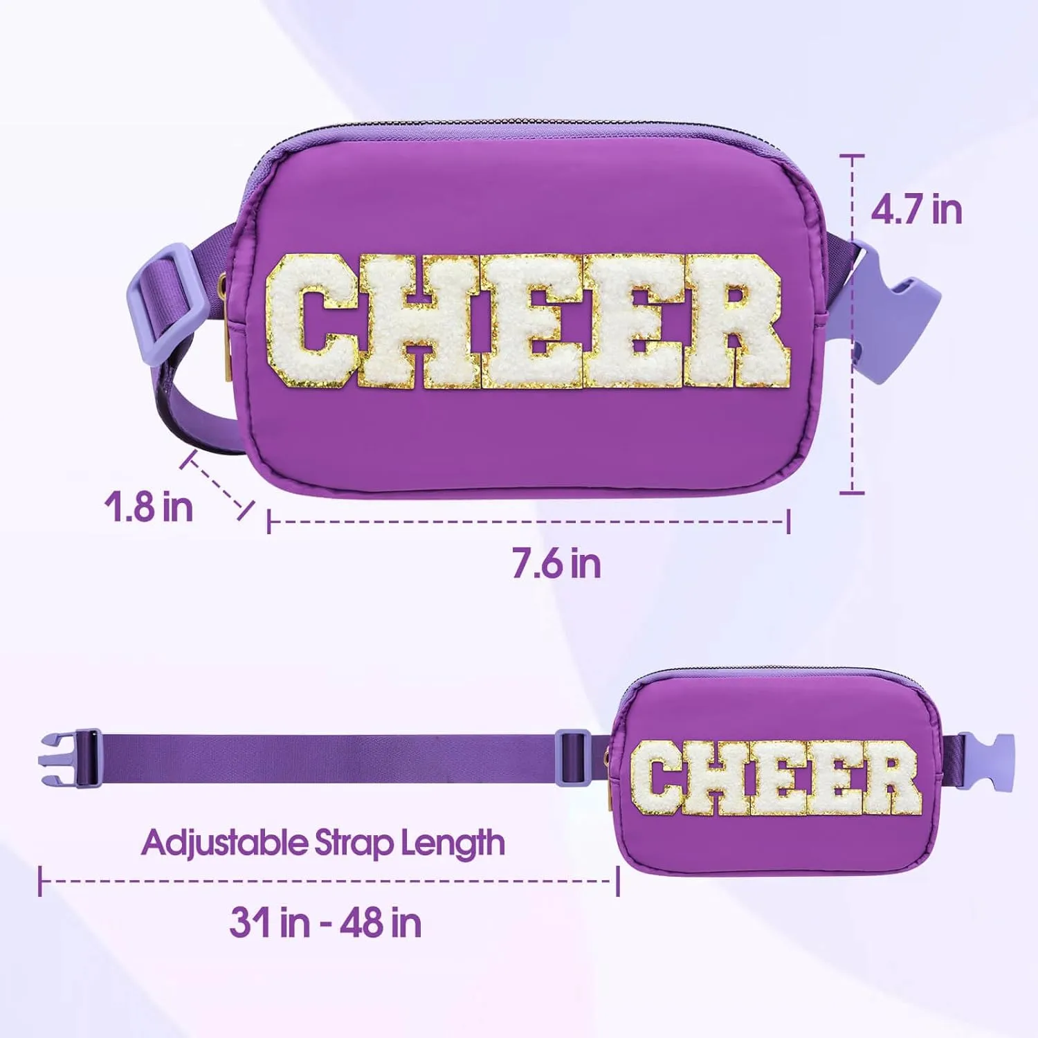 Cheer Bag Purple Fanny Pack for Girls Cheer Chenille Letter Bags, Nylon Belt Bag for Cheerleader Girl Women Birthday Christmas Gift