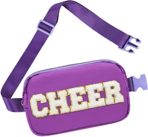 Cheer Bag Purple Fanny Pack for Girls Cheer Chenille Letter Bags, Nylon Belt Bag for Cheerleader Girl Women Birthday Christmas Gift