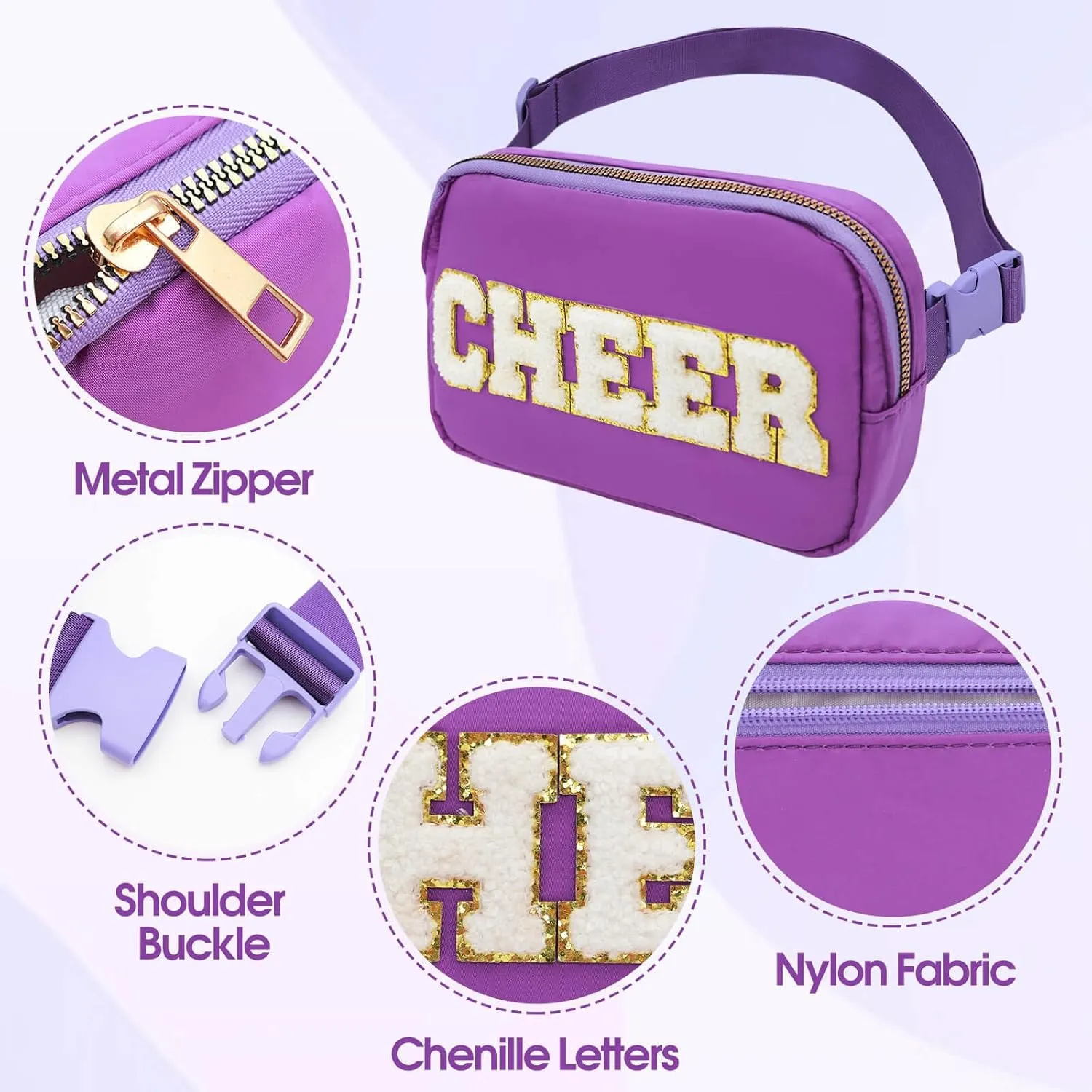 Cheer Bag Purple Fanny Pack for Girls Cheer Chenille Letter Bags, Nylon Belt Bag for Cheerleader Girl Women Birthday Christmas Gift