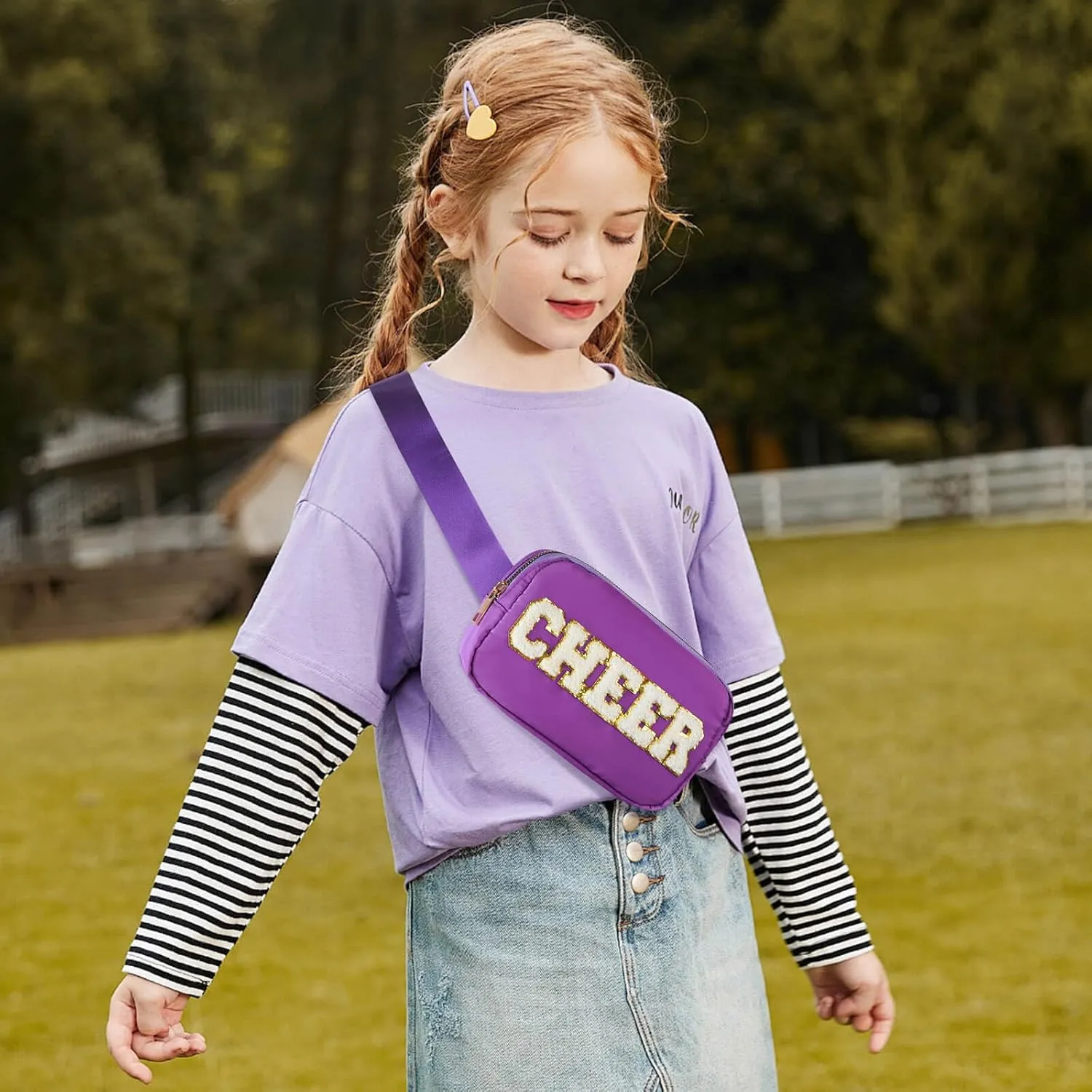 Cheer Bag Purple Fanny Pack for Girls Cheer Chenille Letter Bags, Nylon Belt Bag for Cheerleader Girl Women Birthday Christmas Gift