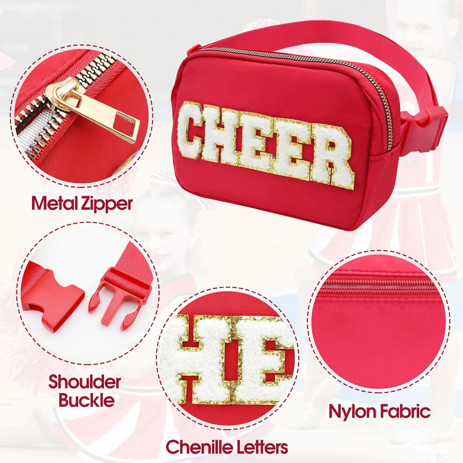 Cheer Bag Red Fanny Pack for Girls Cheer Chenille Letter Bags, Nylon Belt Bag for Cheerleader Girl Women Birthday Christmas Gift