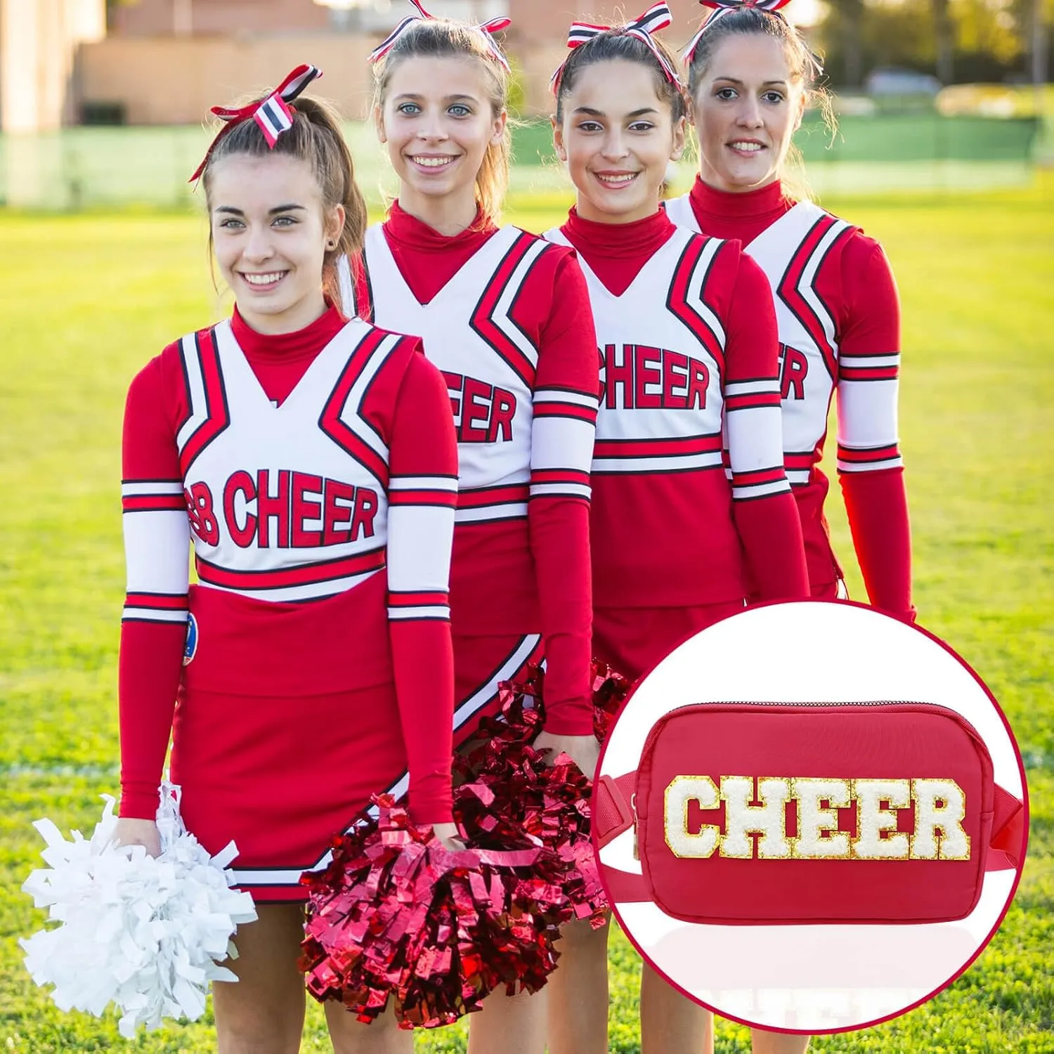 Cheer Bag Red Fanny Pack for Girls Cheer Chenille Letter Bags, Nylon Belt Bag for Cheerleader Girl Women Birthday Christmas Gift
