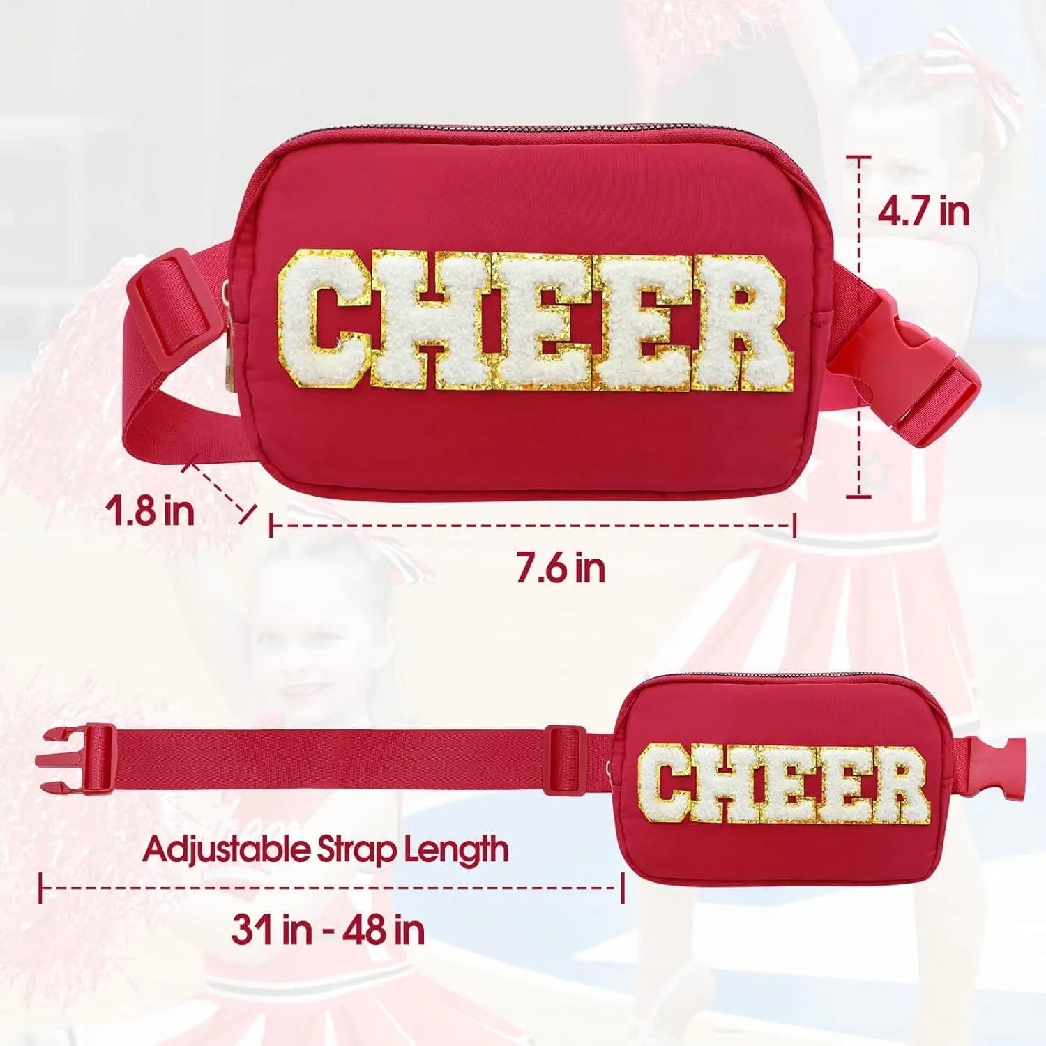 Cheer Bag Red Fanny Pack for Girls Cheer Chenille Letter Bags, Nylon Belt Bag for Cheerleader Girl Women Birthday Christmas Gift