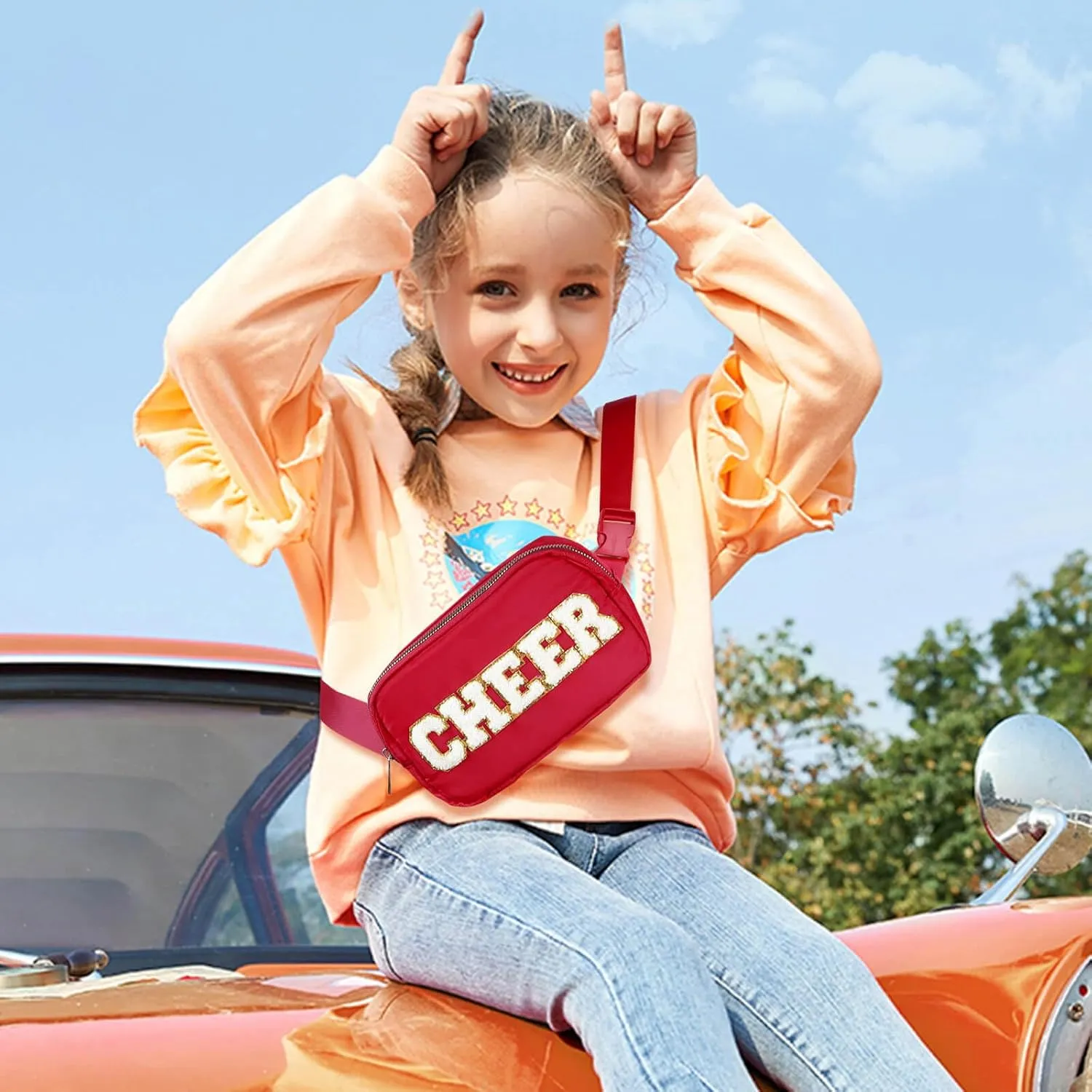 Cheer Bag Red Fanny Pack for Girls Cheer Chenille Letter Bags, Nylon Belt Bag for Cheerleader Girl Women Birthday Christmas Gift