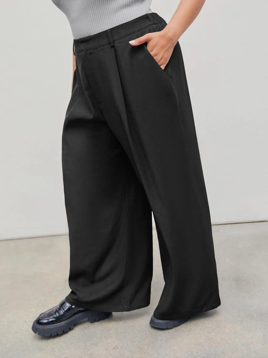 CIDER Mid Waist Pleated Pocket Wide Leg Pants Curve & Plus