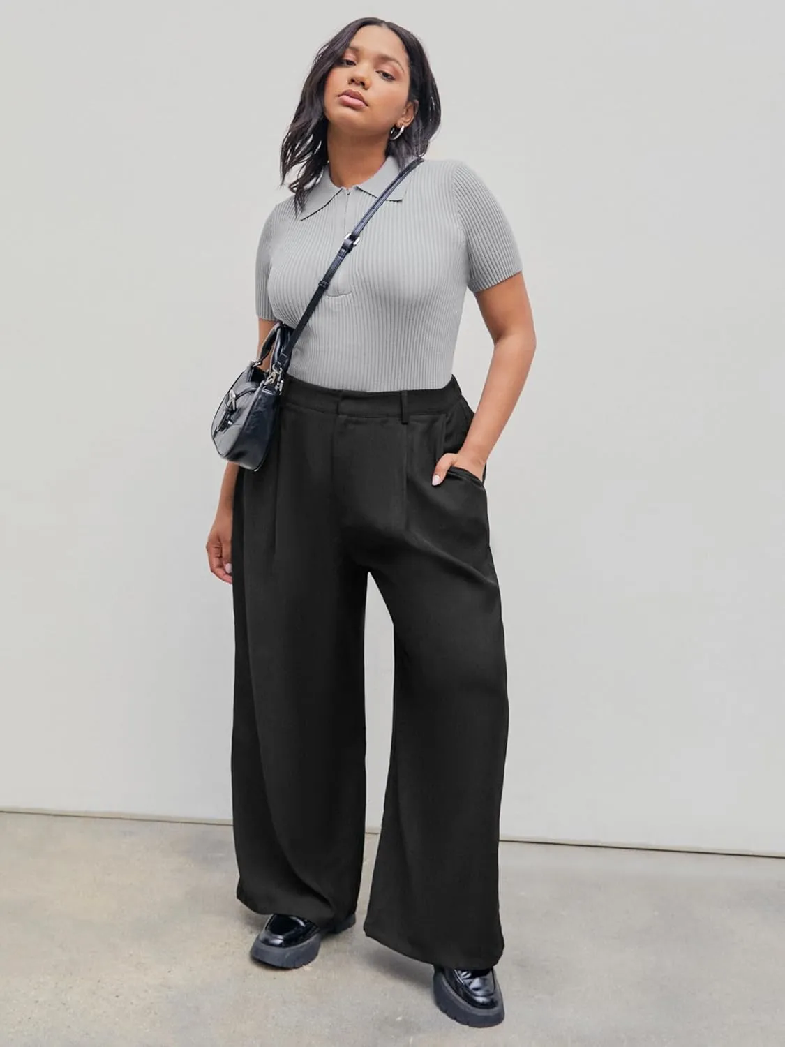 CIDER Mid Waist Pleated Pocket Wide Leg Pants Curve & Plus