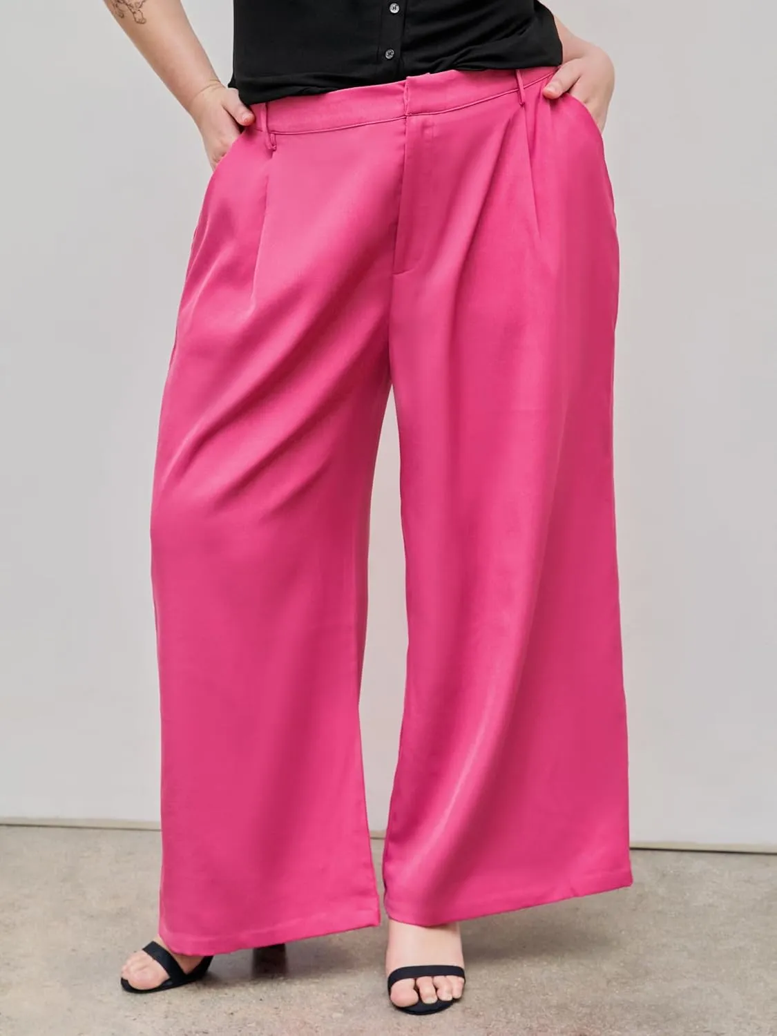 CIDER Mid Waist Pleated Pocket Wide Leg Pants Curve & Plus