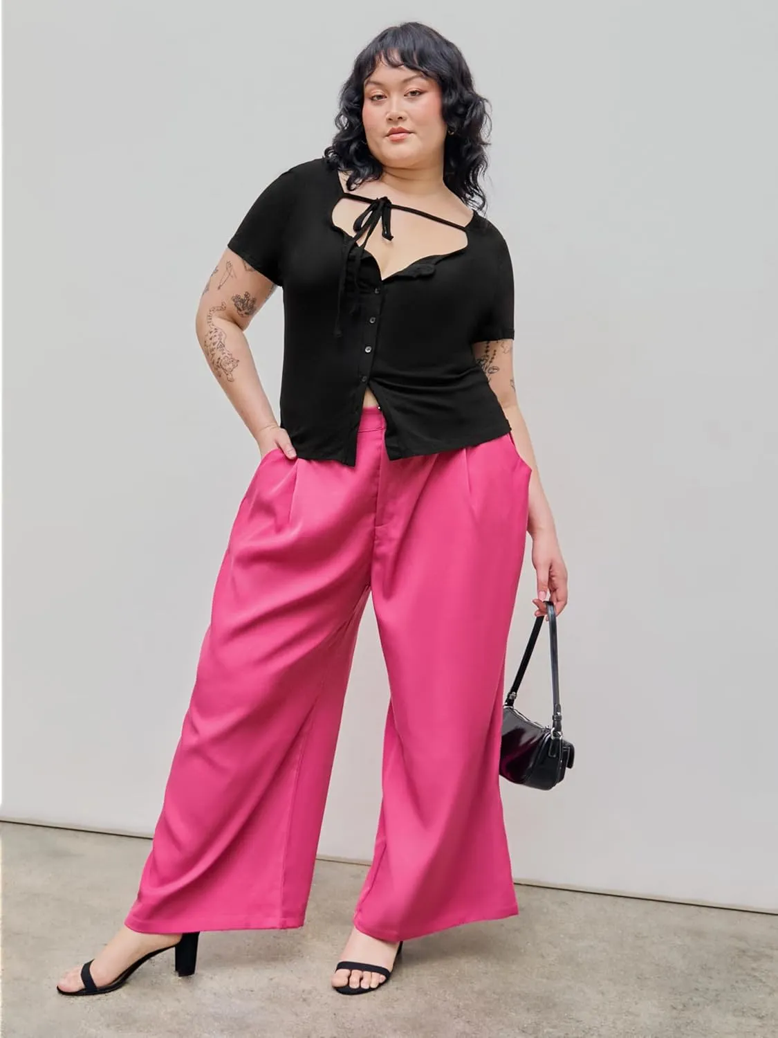 CIDER Mid Waist Pleated Pocket Wide Leg Pants Curve & Plus