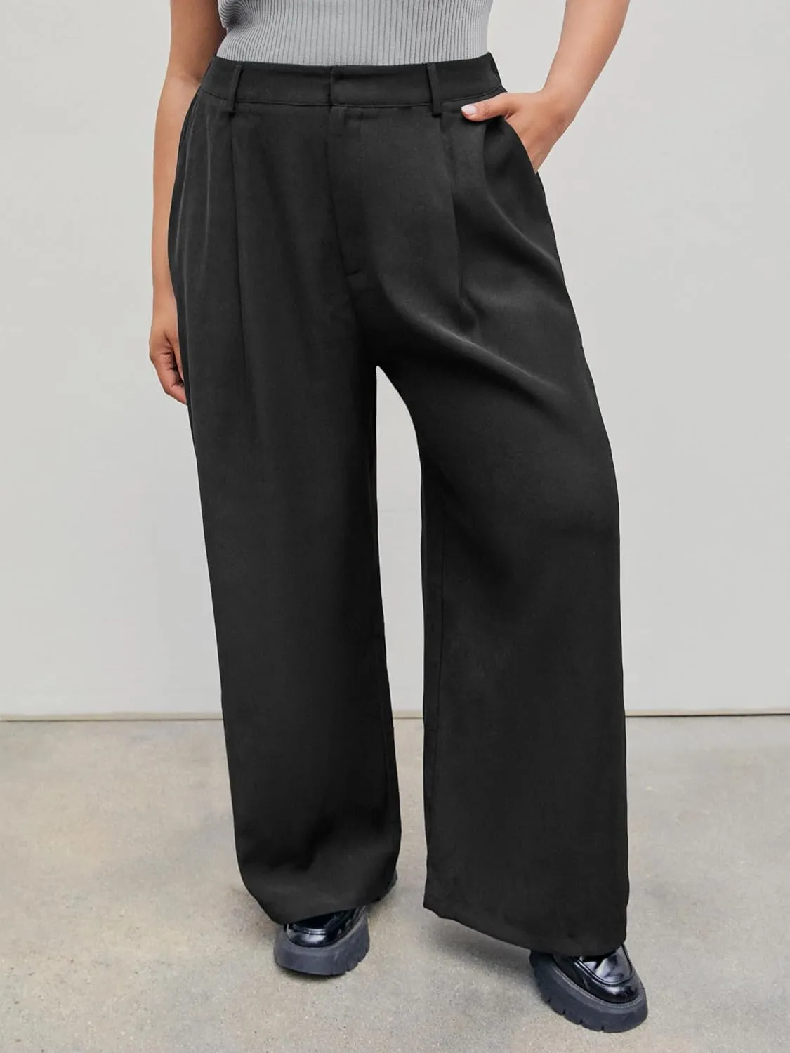 CIDER Mid Waist Pleated Pocket Wide Leg Pants Curve & Plus