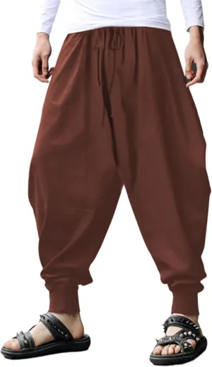 CLANMILUMS Men's Cotton Harem Pants Casual Loose Hippie Drop Crotch Trouser
