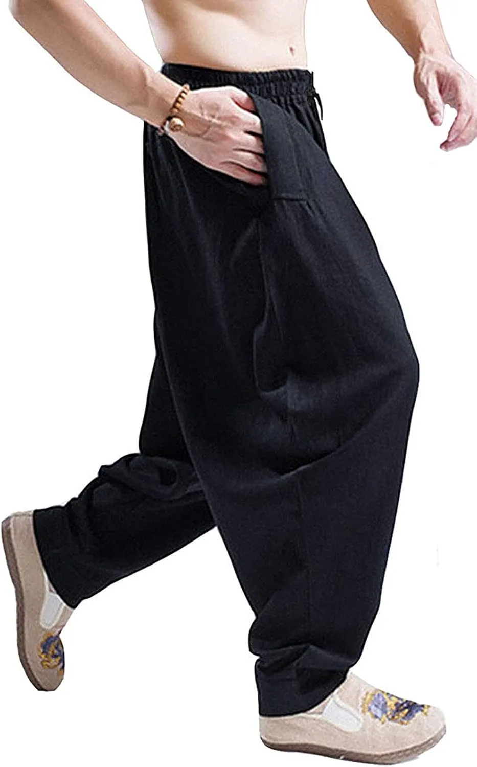 CLANMILUMS Men's Cotton Harem Pants Casual Loose Hippie Drop Crotch Trouser