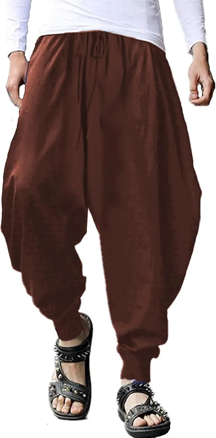 CLANMILUMS Men's Cotton Harem Pants Casual Loose Hippie Drop Crotch Trouser