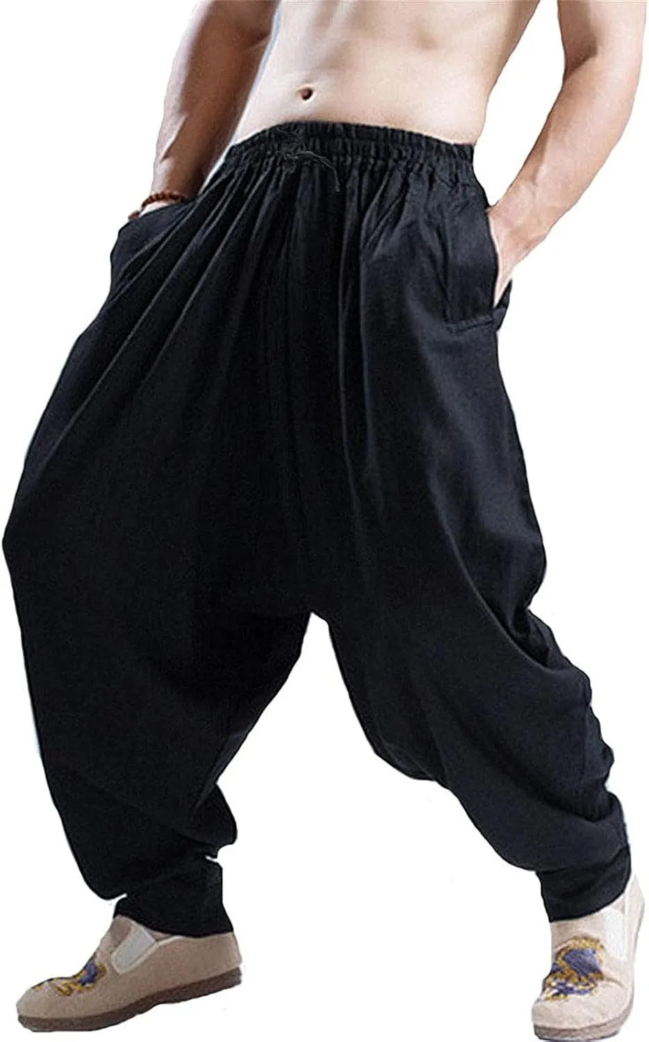 CLANMILUMS Men's Cotton Harem Pants Casual Loose Hippie Drop Crotch Trouser