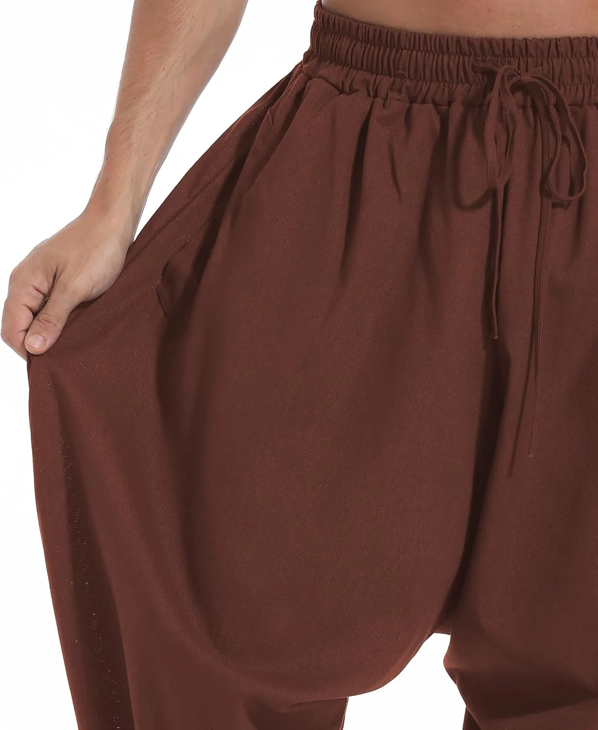 CLANMILUMS Men's Cotton Harem Pants Casual Loose Hippie Drop Crotch Trouser