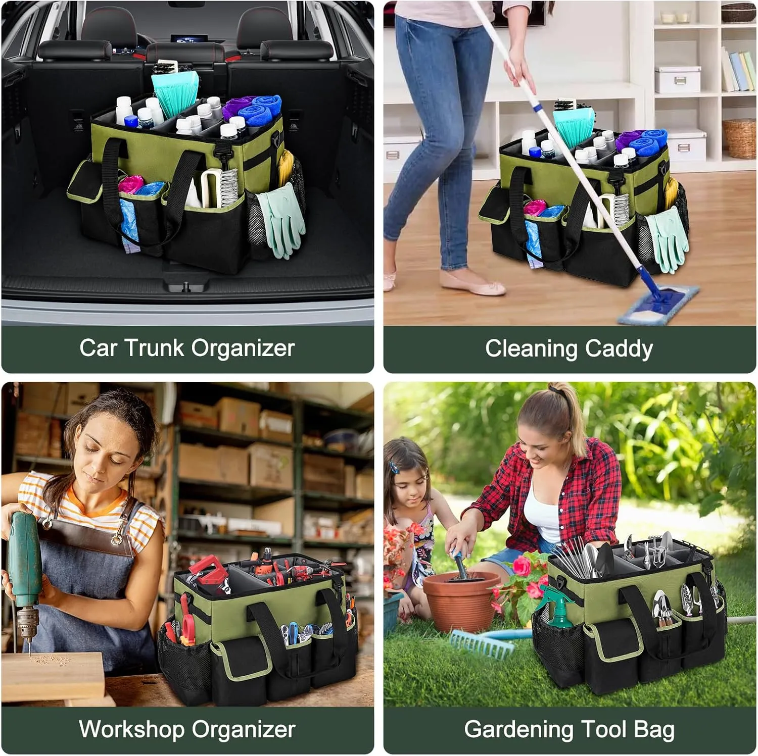 Cleaning Caddy,Large Cleaning Bags for Housekeepers,Cleaning Supplies Organizer with Handle,Green
