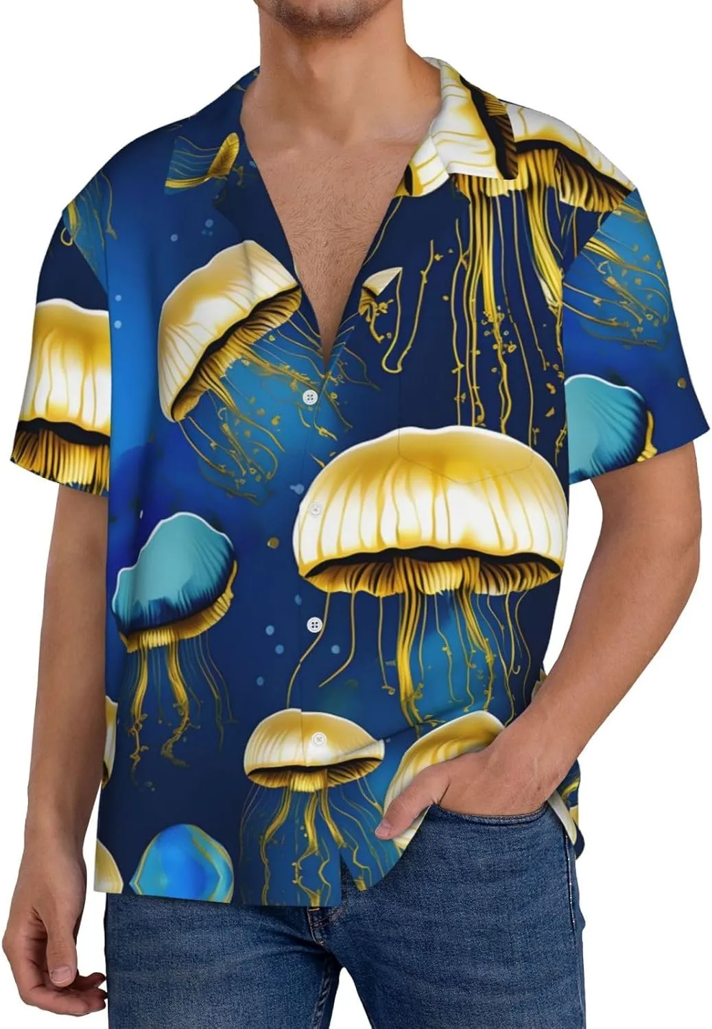Clear Sky Wave Men's Cotton Shirt Men's Short-Sleeved Shirt Button Casual Shirt Loose Top Holiday