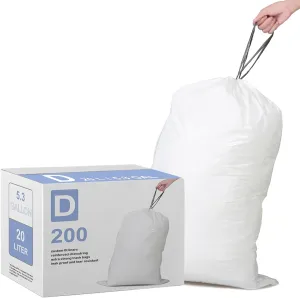 Code D (200 Count) Heavy Duty Trash Bags Custom Fit 5.3 Gallon / 20 Liter with Reinforced Drawstring Compatible with simpleman Code D White Garbage Liners Leak-Proof & Tear Resistant