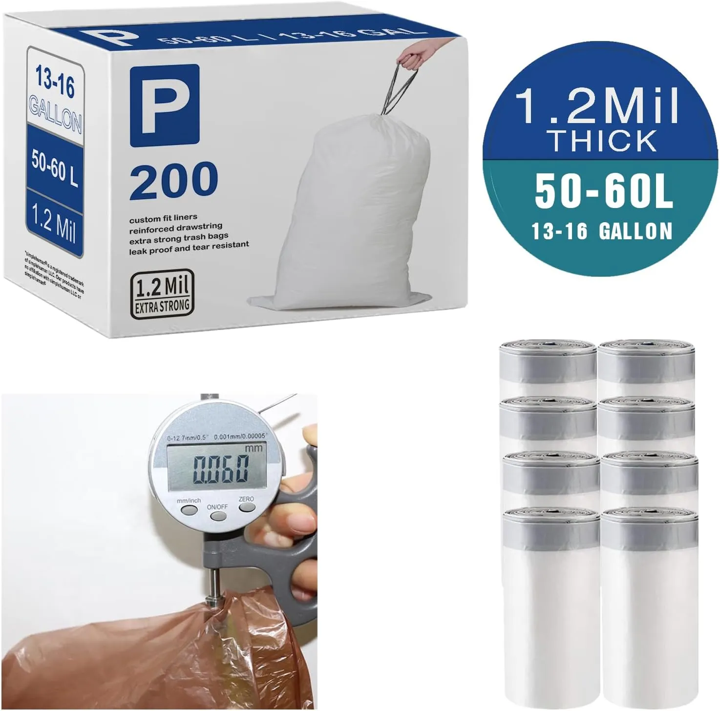 Code P (200 Count) 13-16 Gallon Heavy Duty 1.2 Mil THICK Trash Bags with Reinforced Drawstring Compatible with simplehuman Code P White Garbage Can Liners 50-60 Liter Leak-Proof Tear Resistant