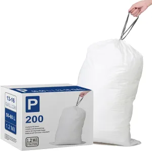 Code P (200 Count) 13-16 Gallon Heavy Duty 1.2 Mil THICK Trash Bags with Reinforced Drawstring Compatible with simplehuman Code P White Garbage Can Liners 50-60 Liter Leak-Proof Tear Resistant