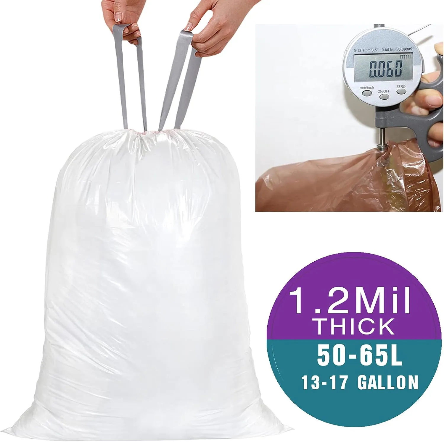 Code Q (50 Count) 13-17 Gallon Heavy Duty Drawstring Plastic Trash Bags Compatible with simplehuman Code Q | 1.2 Mil | White Drawstring Garbage Liners 13-17 Gallon/40-65 Liter
