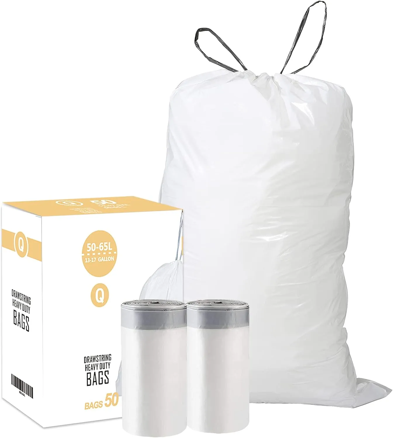 Code Q (50 Count) 13-17 Gallon Heavy Duty Drawstring Plastic Trash Bags Compatible with simplehuman Code Q | 1.2 Mil | White Drawstring Garbage Liners 13-17 Gallon/40-65 Liter