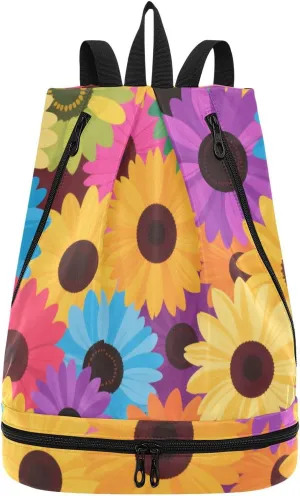 Colorful cartoon sunflowers Drawstring sports bag yoga small gym bags with Wet Dry Compartments