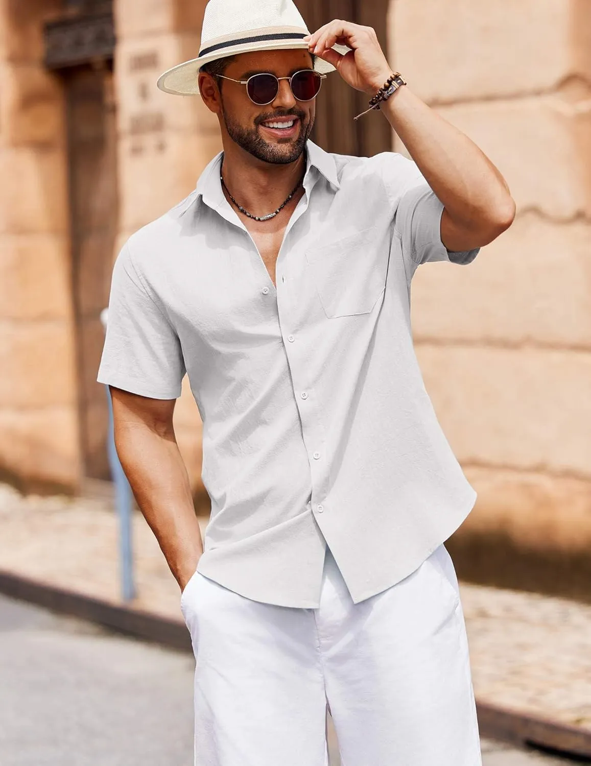 COOFANDY Men's Button Down Short Sleeve Shirt Casual Cotton Summer Beach Linen Wedding Shirts with Pocket