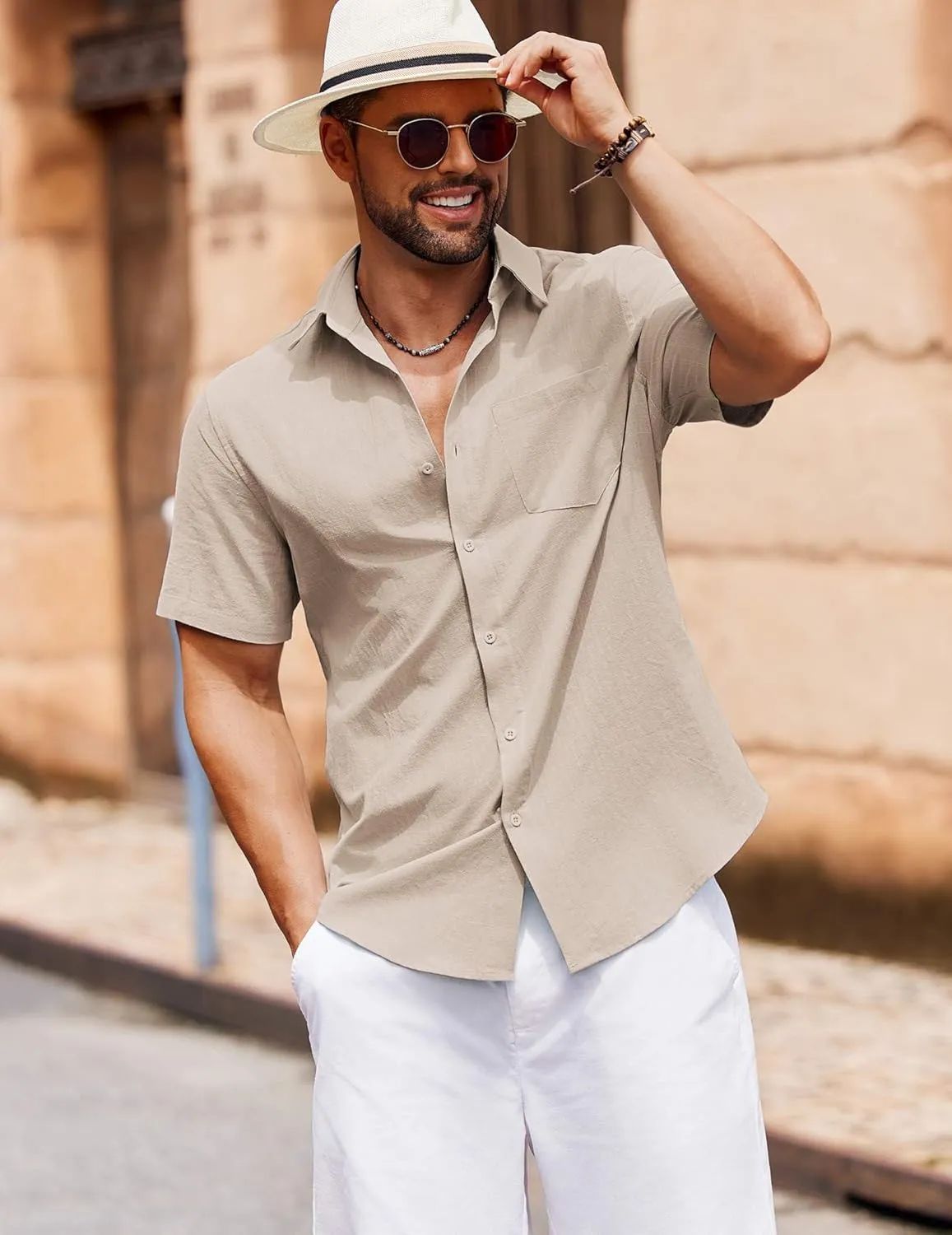 COOFANDY Men's Button Down Short Sleeve Shirt Casual Cotton Summer Beach Linen Wedding Shirts with Pocket
