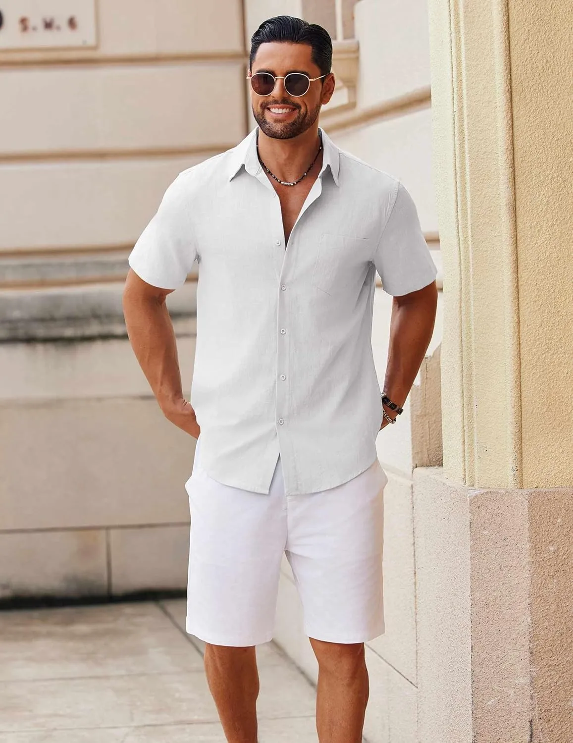 COOFANDY Men's Button Down Short Sleeve Shirt Casual Cotton Summer Beach Linen Wedding Shirts with Pocket