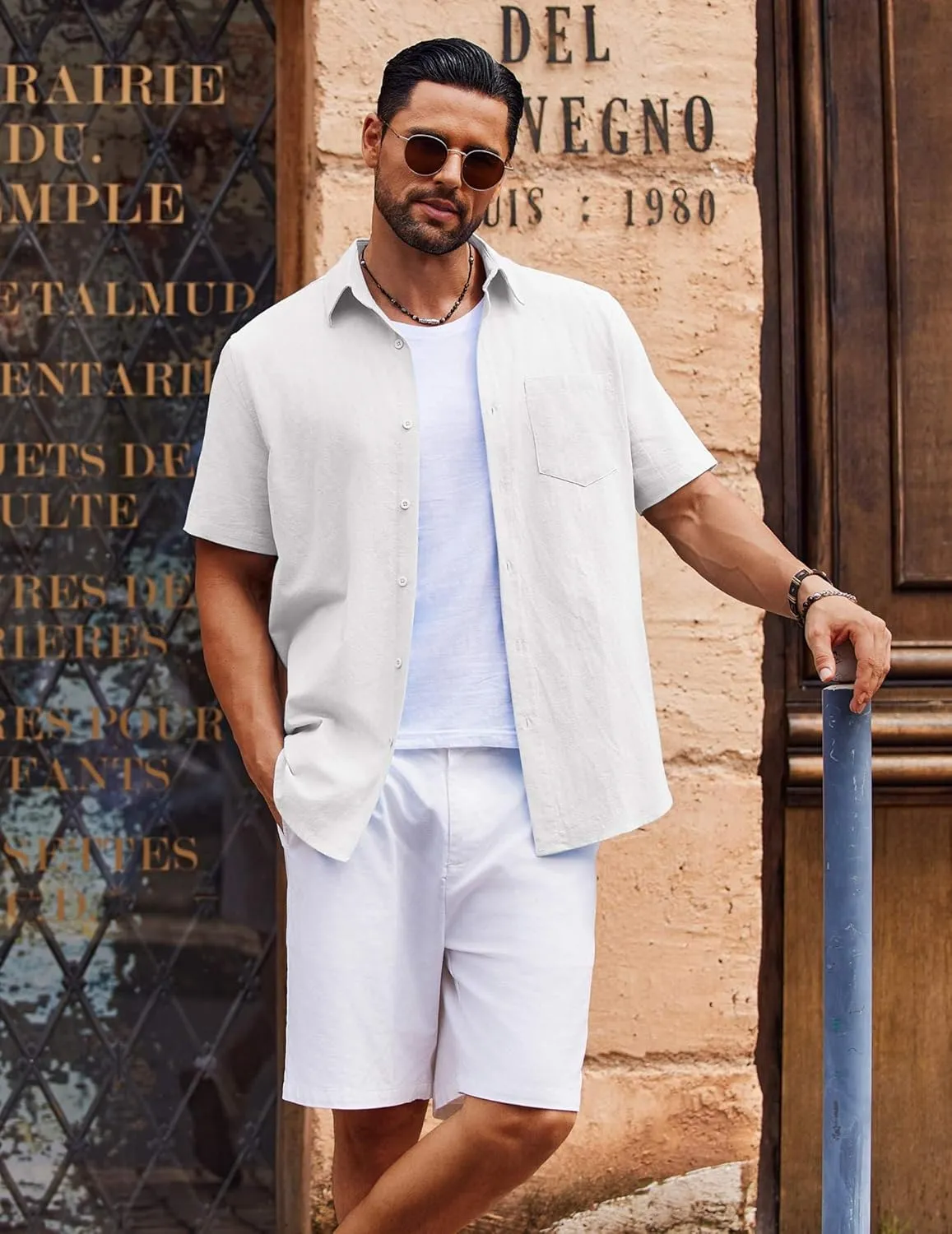 COOFANDY Men's Button Down Short Sleeve Shirt Casual Cotton Summer Beach Linen Wedding Shirts with Pocket