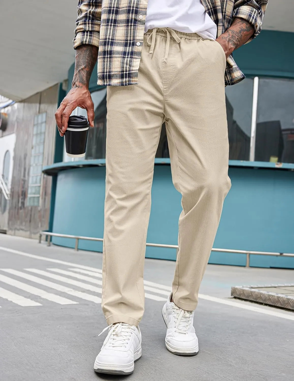 COOFANDY Mens Casual Pants Elastic Waist Drawstring Chino Pants Cotton Twill Trousers with Pockets